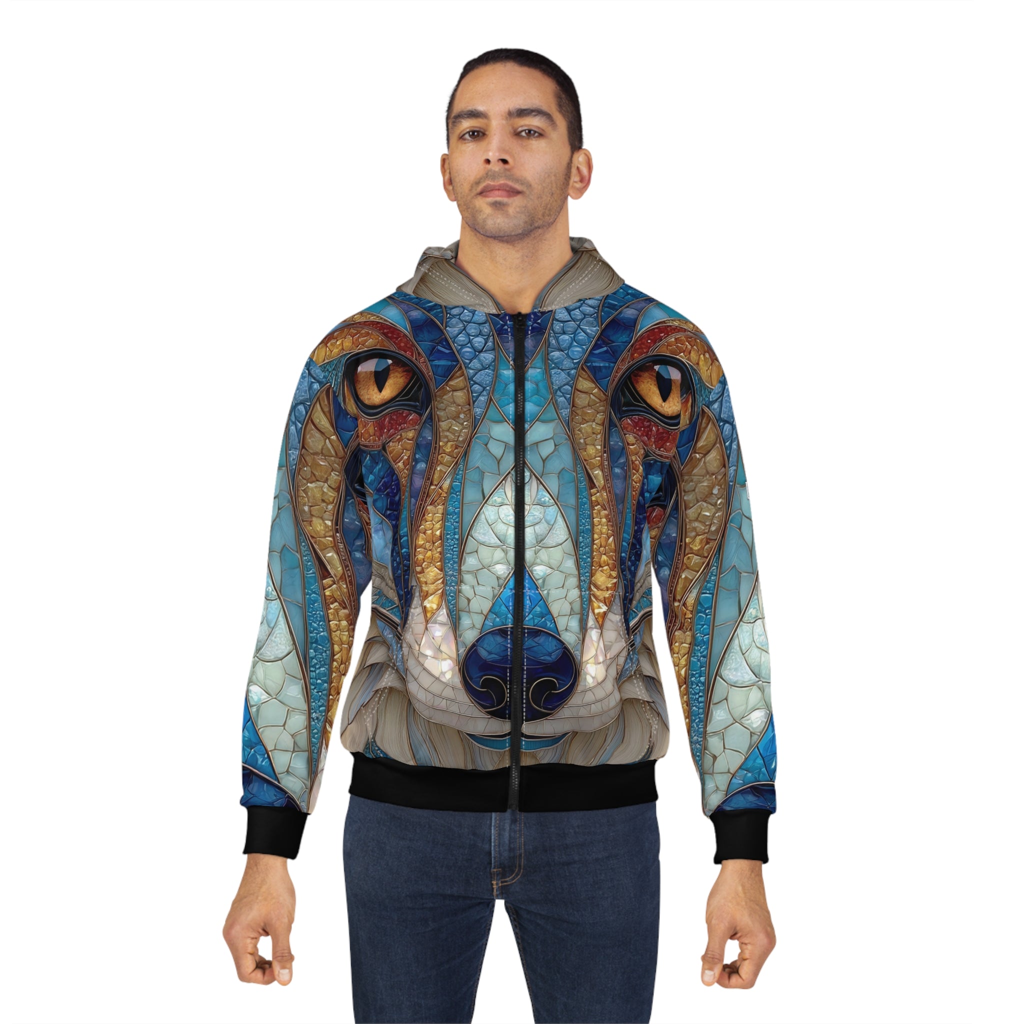 All Over Zip Hoodie —Blue Stained Glass Fox