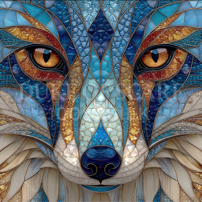 Square Scarf Silk Dog Fox Stained Glass Blue Orange White