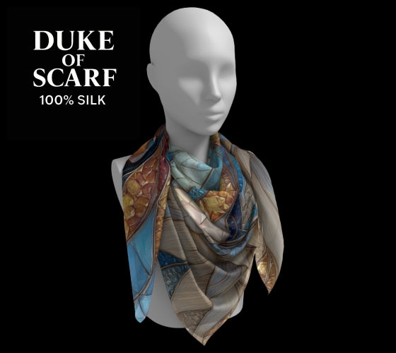 Square Scarf Silk Dog Fox Stained Glass Blue Orange White